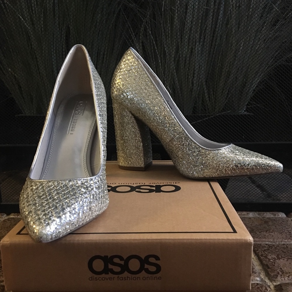 ASOS panama silver glitter & gold block heels, 8